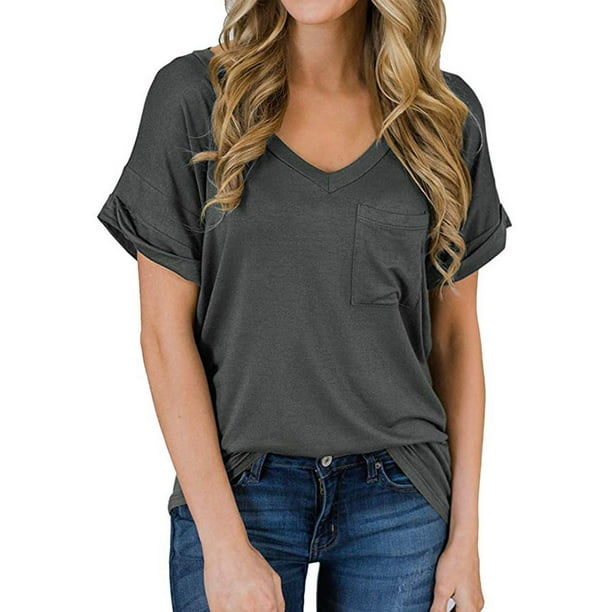 SAMPEEL Womans Short Sleeve Shirts V Neck Tees Women Cute Tops Solid Color 